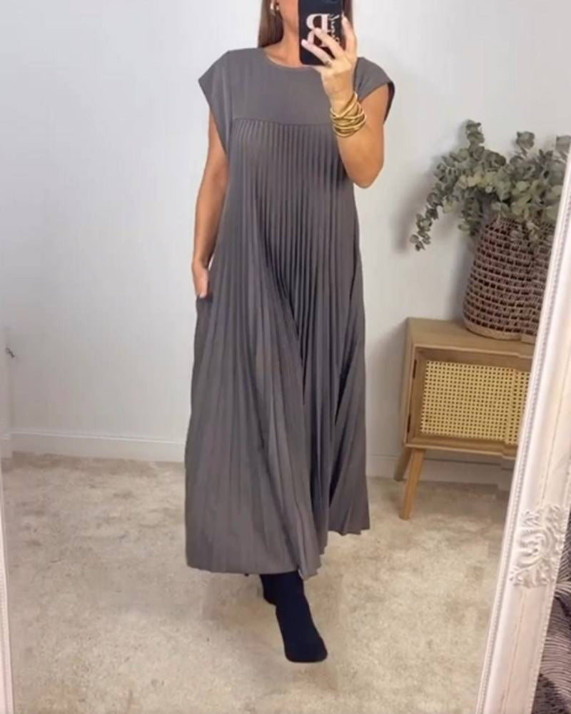 Short Sleeve Pleated Long Dress