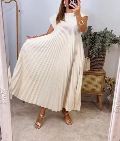 Short Sleeve Pleated Long Dress